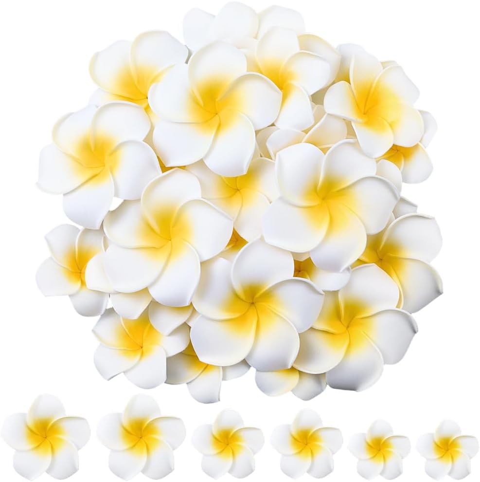 30Pcs 3 Sizes Foam Plumeria Flower Artificial Frangipani Flowers Summer Beach Tropical Hawaiian Themed 3D Floral Petals Embellishments for Hair Clips Hat Wreath DIY Craft Wedding Party Decor