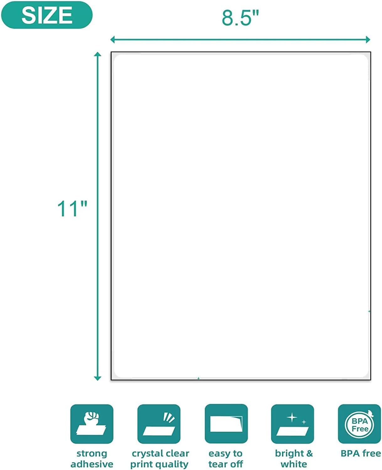 500 Sheets 8.5" x11''White Printable Sticker Paper, Full Sheet Label Mailing Shipping Address Label for Laser & Inkjet Printers(500 Sheets)