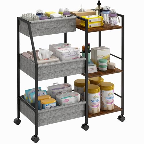 Image of Marbyraz Baby Diaper Caddy Organizer Cart, 3-Tier Rolling Wheels Cart with Dividers and Shelves, Bedside Utility Cart for Nursery Essentials, Large Capacity Mobile Storage Cart for Crib, Bedroom
