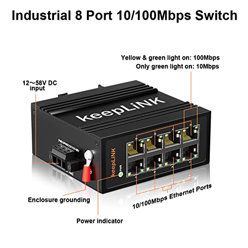 Image of 8-Port Industrial Ethernet Switch, Unmanaged 10 /100Mbps DIN-Rail Network Switch, IP40, Operating Temperature Range of -30C - 70C (-22F~158F)