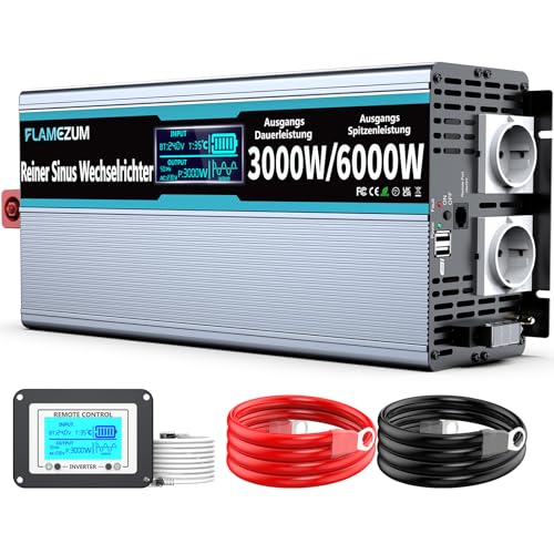 3000W Inversor 24v 220v Onda Pura Inverter Convertidor de Corriente con Mando a Distancia,Pantalla LCD,2 Enchufes EU,2X 3,4 USB