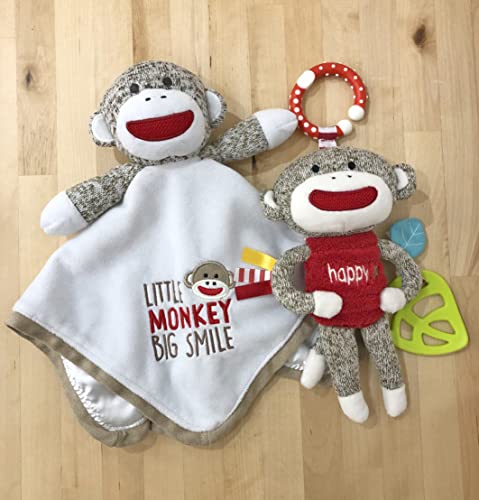 Image of Baby Starters Sock Monkey Crinkle, Rattle, Squeak Plush with Teether and Travel Hook, 9 inch