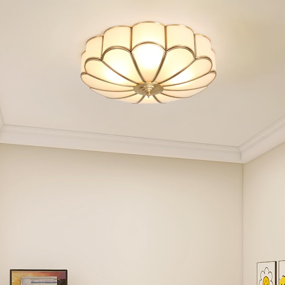Brass Flush Mount Ceiling Light, Frosted Glass Ceiling Light Fixture with Ceramic Light Socket, Round Ceiling Lamp, Mid Century Ceiling Lighting for Bedroom Hallway (A, 17.7")