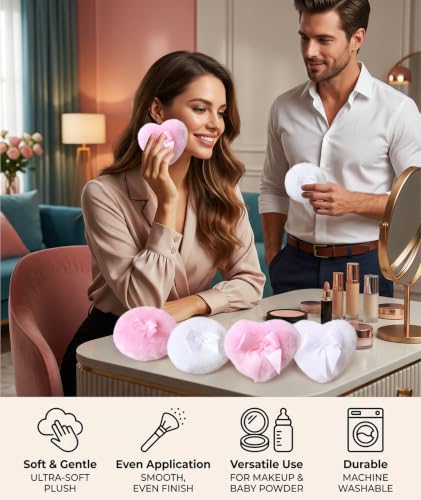 Image of 4PCS Large Powder Puff for Women, Powder for Women, Powder Puff for Men, Professional Makeup Setting and Powder Application, Powder Box with, Round and Heart Shaped Powder Puff Set of 4
