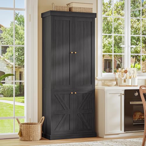 Image of Vyre 70.8 inch Tall Farmhouse Bookshelf, Modular Bookcase with Glass Doors, 6-Tier Adjustable Shelves, Large Storage Cabinet for Kitchen, Living Room, Black, Set of 2