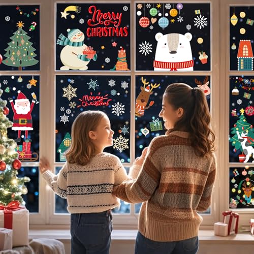 Image of Christmas Window Clings for Glass Windows, Stickers for Window Decorations | 8 Sheets Window Decals for Home, Classroom, Kids Party Indoor, Glass Doors, Xmas Winter Holiday Decor with Santa & Snowflakes