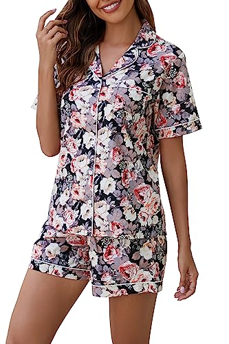 Image of LUBOT 100% Cotton Pajamas for Women 2 Piece PJ Set Poplin Woven Lightweight Ladies Button Short Sleeve Sleepwear S-XXL