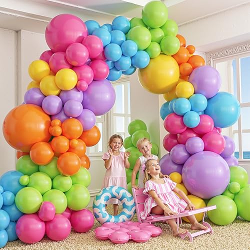 Image of 412pcs Summer Tropical Balloon Arch Garland Kit, Different Sizes 18 12 10 5inch Rainbow Hot Pink Green Orange Blue Purple Balloons for Hawaiian Luau Aloha Baby Shower Birthday Party Decorations