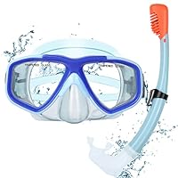 KUYOU Kids Snorkel Set Snorkel Mask with Anti-Fog Tempered Glass,180°Panoramic View Diving Mask Set, Dry Top Snorkel Gear for Kids Youth Boys Girls Junior Age 7-16 (\u200ESea Sky Blue)