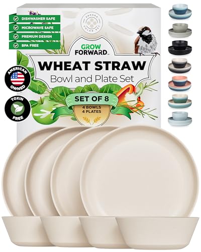 Grow Forward プレミアム麦わら食器セット - 8点 壊れない電子レンジ対応皿 - 再利用可能な麦わら皿とボウルセット - シリアル/スープ/キャンプ/RV用麦わらボウル - サハラ（Amazon）