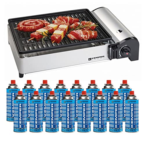 KEMPER - Barbacoa portátil de gas 1900 W Rejilla antiadherente + bolsa de transporte + kit 16 cartuchos Butane Piézo Bandeja recuperadora