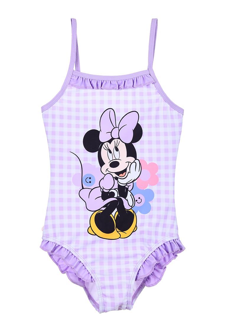 Disney Minnie Mouse kostium kąpielowy dla dziewcząt, jednoczęściowy kostium kąpielowy z falbankami, ramiączka, w kratkę, czerwony lub fioletowy