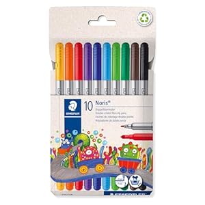 STAEDTLER Noris 320 Doppelfasermaler, eindrucksichere Spitze, auswaschbar, Strichbreite 1-3 mm, Kartonetui mit 10 Fasermalern in sortierten Farben, 320 C10