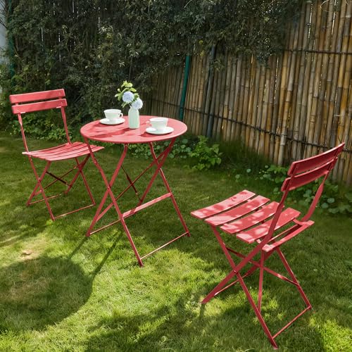 RELAX FIELD Lot de 3 meubles de jardin de balcon, résistants aux intempéries, pour petit balcon, table de bistrot avec 2 chaises, pliable, rouge