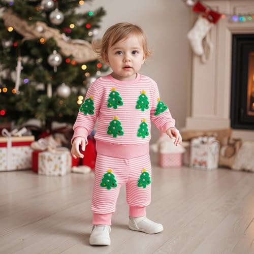 Baby Girl Christmas Outfit Toddler Long Sleeve Waffle Striped Tree Fall Winter Sweatshirt Pullover Kids Pants Set4