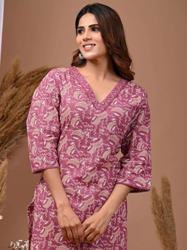 Image of Rimeline Women's Cotton Printed Kurta with Embroidered V-Neck Detail | Straight Fit Ethnic Wear for Casual, Office & Daily Use