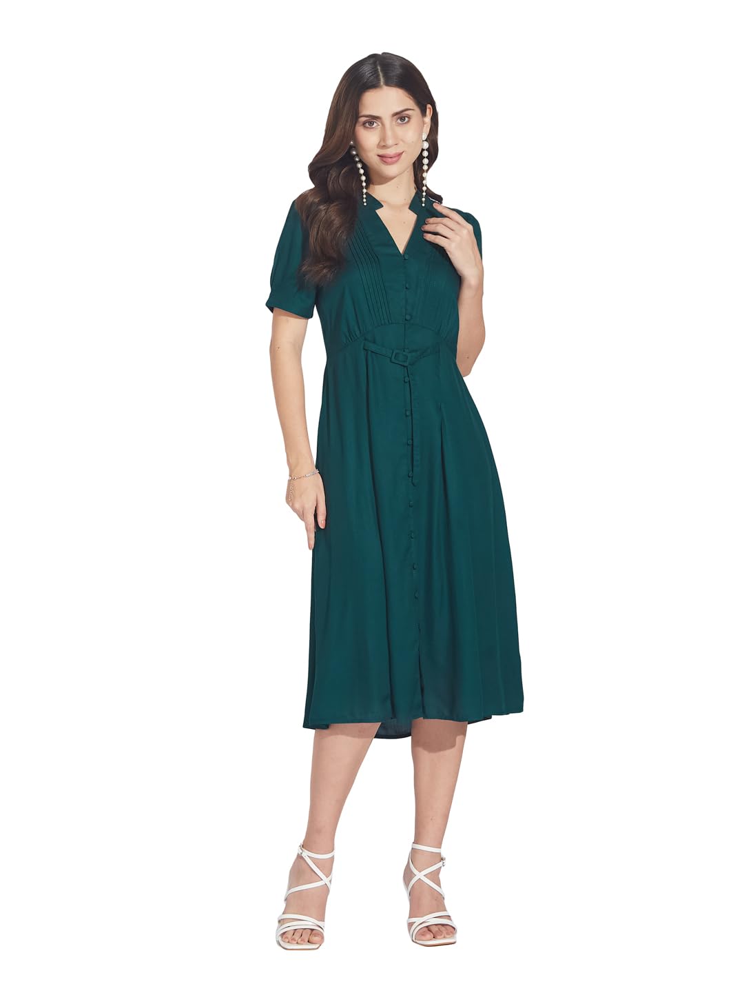 latin quarters Women Green Short Sleeves Mandarin Collar Solid Casual Dress-picture-18