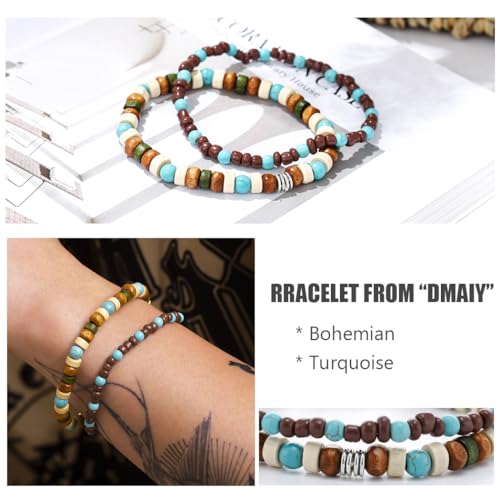 Boho Turquoise Bracelet Wooden Beaded Bracelets Stretch Wrap Bracelet Jewelry for Women and Men 2Pcs3
