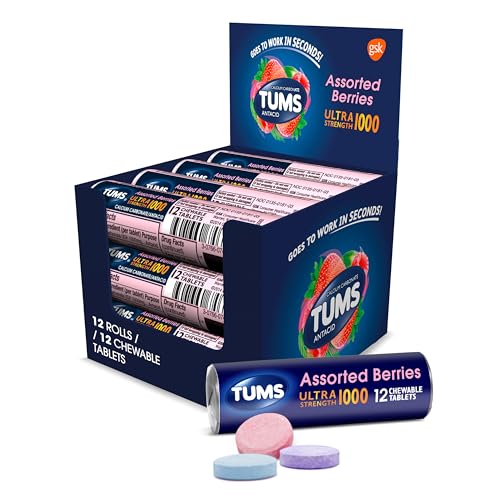 TUMS Ultra Strength Antacid Tablets for Chewable Heartburn Relief and Acid Indigestion Relief Assorted Berries - 12 Pack of 12 Count Rolls
