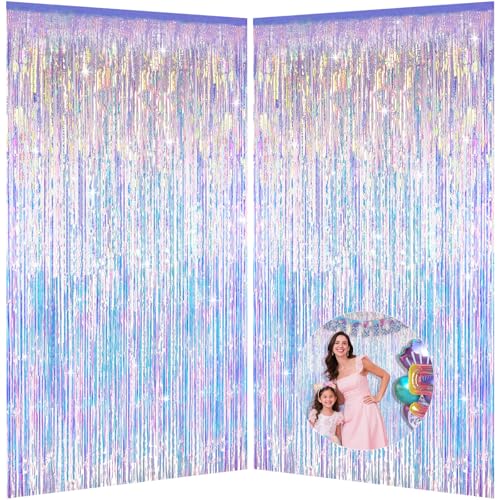 Iridescent Party Decorations Fringe Backdrop, Sparkling Holographic Foil Fringe Tinsel Curtains for Frozen Mermaid Birthday Party Decor - 3.28x6.56ft 2 Packs