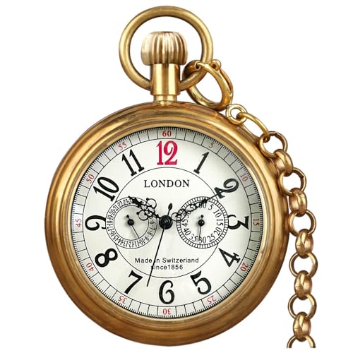 VIGOROSO Relógio de bolso masculino vintage de cobre completo mecânico de segundo e 24 horas com submostradores em caixa, Ouro e árabe