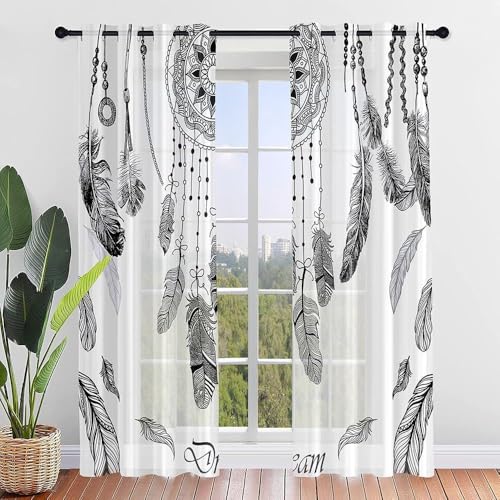 Surwin Estampado de Plumas Degradado Translucidas Cortinas Salon, 2 Piezas Cortina con Ojales, Cocina Dormitorio Cortinas y Moderno Visillos Visillos Cortos para Ventanas (55x95cm,Gris)