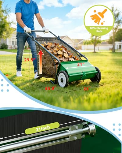Image of Push Lawn Sweeper,21-Inch Width Enhanced 4-Brush System, 3.5 ft Capacity Heavy Duty Steel Frame, Ideal for Yard and Garden Clean up, Green
