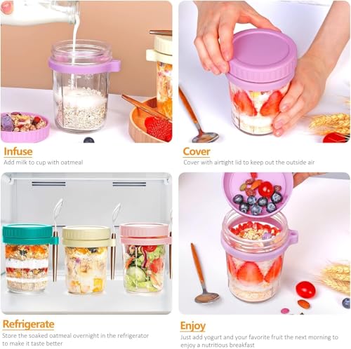 Image of KELVEE Reusable Overnight Oats Jars, 2-Pack Mason Jars with Lids and Spoons, Glass Overnight Oats Container, 350ml, portable yogurt jar, cereal Container, salad Jar (Multicolor) (2)