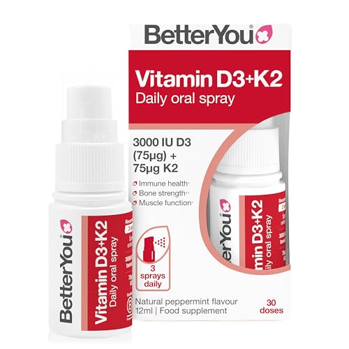BetterYou Vitamin D3 K2 Oral Spray Fast Acting Vitamin D 3000 IU + Vitamin K2 (MK7) Supplement Supports Bones Teeth Immune System & Blood Clotting 1-Month Supply Natural Peppermint Flavour