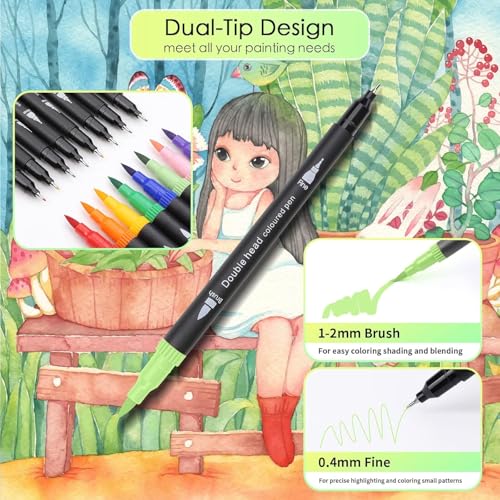 Image of 48 Colors Dual Tip Brush Pens Set - Fine & Brush Tip Sketch Markers for Coloring, Calligraphy, Drawing, Bullet Journal, Doodling & Art Supplies for Kids & Adults