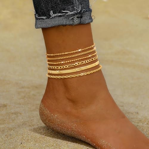 Image of LOYALLOOK Ankle Bracelets for Women Waterproof, 14K Gold Plated Cuban Figaro Link Chain Anklets Non Tarnish, Dainty Layered Anklet Bracelets Adjustable Summer Beach Foot Jewelry