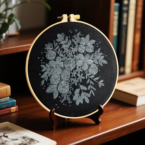 Image of Crafmanoe Embroidery Kits for Beginners Adults, Black Flowers Embroidery Starter Kits, Counted Cross Stitch Kits for Beginners Adults Hobbies Set for Women, Embroidery Hoops, Thread and Video Tutorial