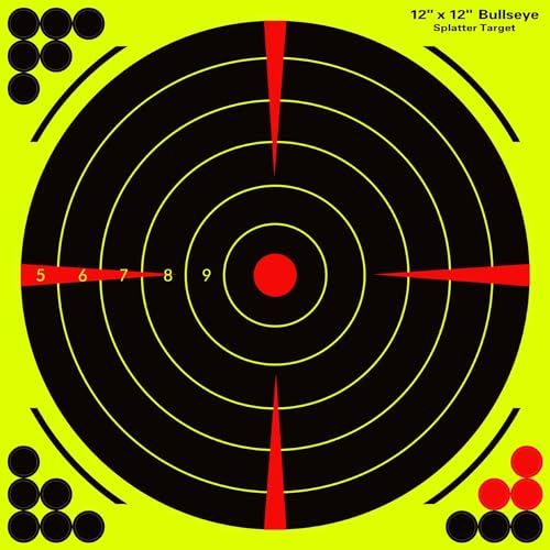 Lipulacer 12x12 inch Splatter Targets, Bullseye Shooting Targets Adhesive Stickers with Bright Fluorescent Yellow Effect for Outdoor Indoor Shooting Practice(50PACK)