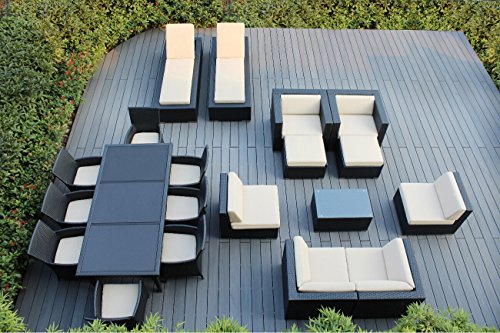 Ohana 20-Piece Outdoor Patio Furniture Sofa, Dining And Chaise Lounge Set, Black Wicker With Beige Cushions - Free Patio Cover #TOP2
