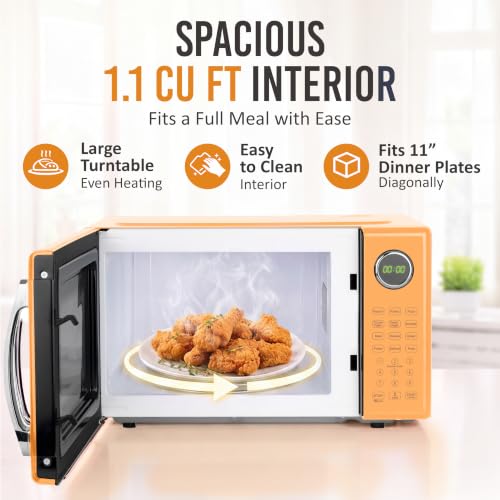 Image of Nostalgia Modern Retro Compact Countertop Microwave Oven - 1.1 Cu. Ft. - 1000-Watts with LED Digital Display - Child Lock - Easy Clean Interior - Orange