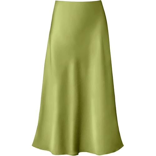 Modegal Women's Satin High Waist Hidden Elasticized Waistband Flared Casual A Line Midi Skirt