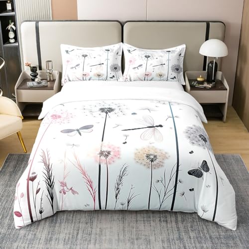 Erosebridal Colorful Dandelion Comforter Cover Queen,Dragonfly Butterfly Bedding Set,Wild Animals Bed Set For Women Teens Girls Bedroom Decor,Farmhouse Rustic Lightweight Duvet Cover With Corner Ties cover