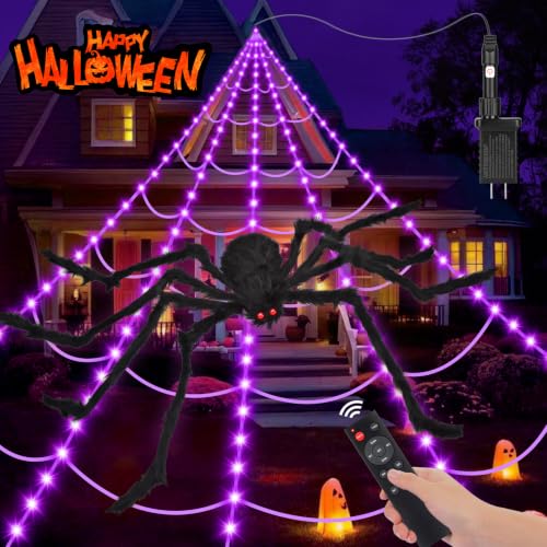 Image of OCATO 200 inch Halloween Decorations Spider Web Lights Outdoor +59 inch Fake Spider