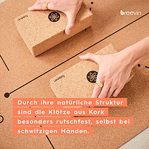 BREEVIN Yogablokken, kurk, set van 2, ecologisch en vrij van schadelijke stoffen, antislip, stabiele en ergonomische yogablokken, accessoires voor yoga, pilates en fitness, onderhoudsvriendelijk en antibacterieel yogablok - Image 5