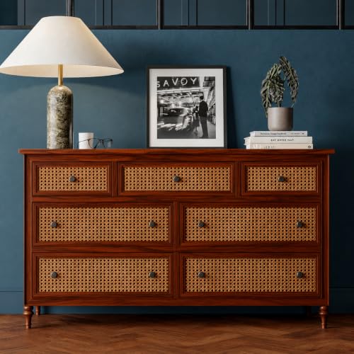 Image of Space Galaxy Solid Sheesham Wood Chest of Drawer with Cane Rattan Fronts | 7 Drawer Storage Cabinet & Closet Drawer Organizer | Bedroom, Living Room & Home Furniture | Natural Finish