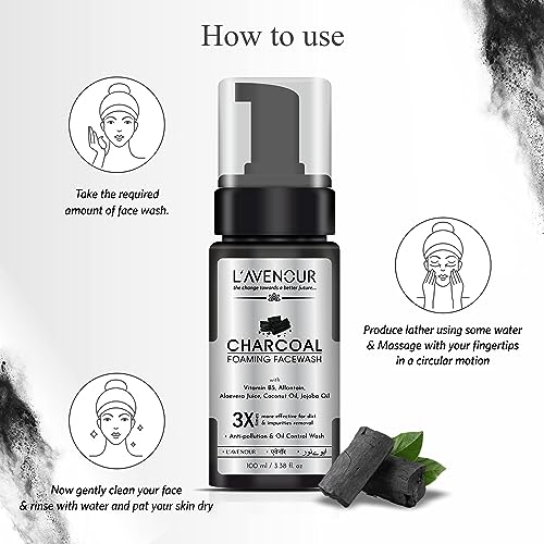 Image of L'avenour Charcoal Foaming Face Wash for Pollution & Oil Control with Activated Charcoal Powder, Aloe Vera, Coconut Oil, Jojoba Oil, For Men & Women - 100ml