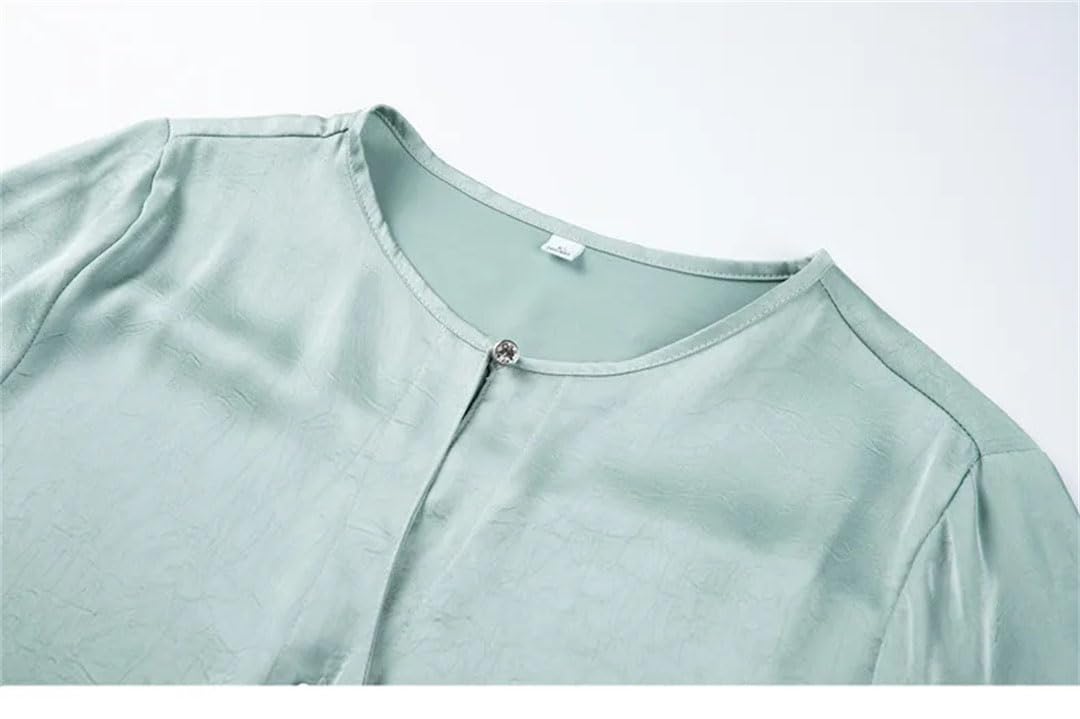 Blusa lisa para mujer, de manga larga, cuello redondo, de satén, para oficina, trabajo