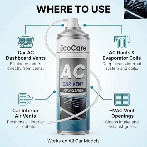 Image of EcoCare Car AC Vent & Duct Cleaner | 500ML Foam Cleaning Spray for Car Air Conditioner | Freshens & Cleans Dust Build-Up | Fast No-Rinse Formula | Automotive HVAC Refresher (500ML)