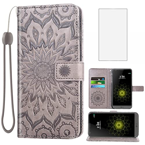 Phone Case for LG G5 Wallet Cases with Tempered Glass Screen Protector and Leather Sunflower Kickstand Magnetic Slim Flip Cover Card Holder Stand Cell Accessories LGG5 SE LG5 G 5 5G Women Men Gray