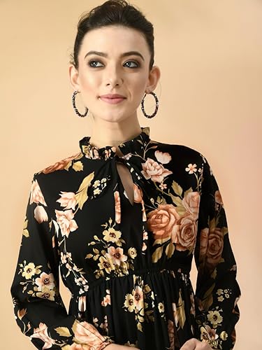 Image of KZULLY | Floral Printed Maxi Dresses for Women | Long Sleeve Beautiful Floral Patterns | Stylish and Elegant Dress | Tie Neck