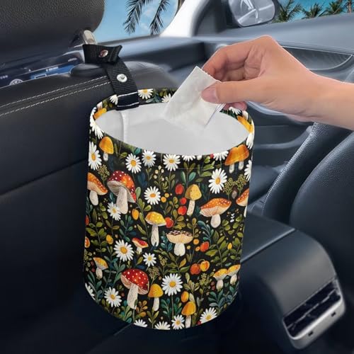 Image of Hanging Portable Car Mushroom Flower Leaf Print Multipurpose Car Accessories Interior Universal Collapsible Back Seat, Front Console, Floor, or Hanging Headrest Waste Basket