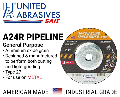 United Abrasives-Sait 22052 A24R General Purpose Pipeline Wheel (Type 27 Depressed Center) 7" X 1/8" X 5/8-11", 10-Pack #TOP2