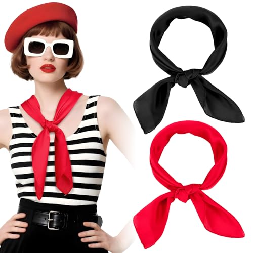 2 Pcs Black Red Neck Scarf Silk Feeling Neck Scarf for Women 26.4 Inch Satin Stylish Scarves Square Scarfs Handbag Accessories for Halloween Costume