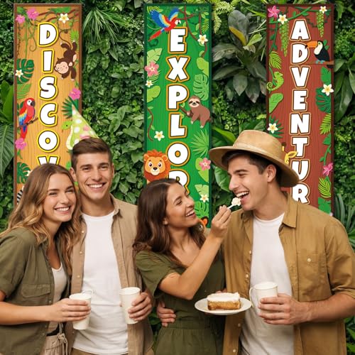 Image of Chiisong 3 Pcs Safari Party Decorations Jungle Banners Animal Safari Backdrops Adventure Explore Hanging Porch Sign for Wild Jungle Zoo Birthday Party 2026 VBS Classroom Home Door Wall Decor