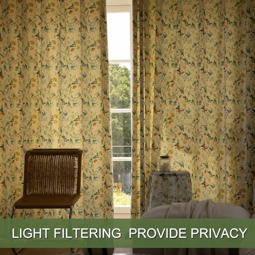 Image of SUOUO Cottage Country Small Floral Chenille Semi Blackout Curtains 84 Inches Green Yellow Tiny Wildflower Botanical Farmhouse Window Drapes for Living Room Dining Bedroom 2 Panels